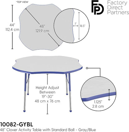 FDP Clover Activity School and Office Table (48 x 48 inch), Standard Legs with Ball Glides for Collaborative Seating Environments, Adjustable Height 19-30 inches - Gray Top and Blue Edge
