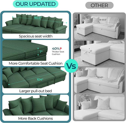 LINSY HOME Oversized Sectional Sleeper Sofa with Pull Out Couch Bed (Green, 118.5'') | USB Charging