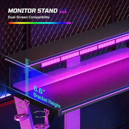 Bestier Computer Desk with Music Sync Light, Flow Vibe Corner Desk with Monitor Stand and PS5 Storage Shelves, Cup Holders, and Headset Hooks for Bedroom Small Space (Black Purple, 57 Inch)