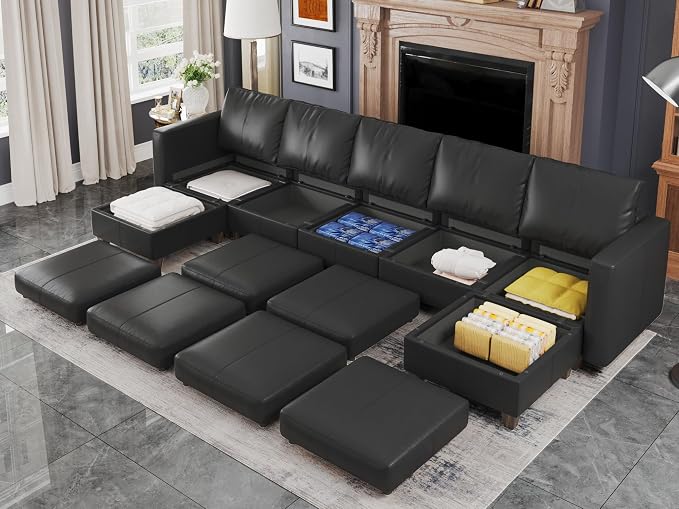 EASE MOOSE Faux Leather Sectional Couch Sofa with Storage,Faux Leather Modualr Sectional Sofa Black U Shaped Modular Couch