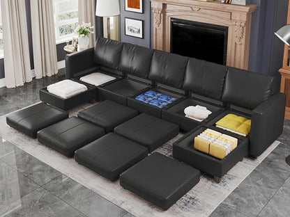 EASE MOOSE Faux Leather Sectional Couch Sofa with Storage,Faux Leather Modualr Sectional Sofa Black U Shaped Modular Couch