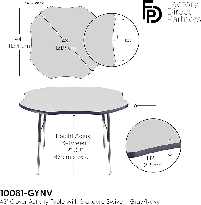FDP Clover Activity School and Office Table (48 x 48 inch), Standard Legs with Swivel Glides for Collaborative Seating Environments, Adjustable Height 19-30 inches - Gray Top and Navy Edge