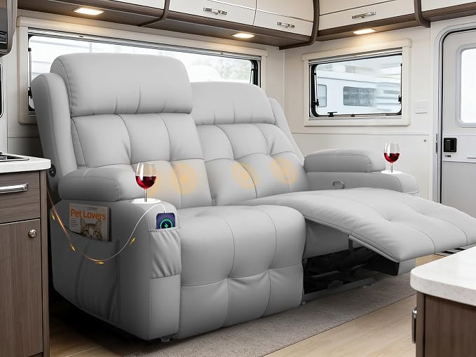 Reclining Loveseat, 55.1" RV PU Leather Wall Hugger Recliner Love Seats Sofa with Charging Station, Removable Armrest, Cup Holder, Double Recliners Couch, Manual Love Seat for Living Room