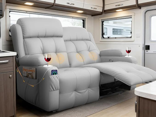 Reclining Loveseat, 55.1" RV PU Leather Wall Hugger Recliner Love Seats Sofa with Charging Station, Removable Armrest, Cup Holder, Double Recliners Couch, Manual Love Seat for Living Room