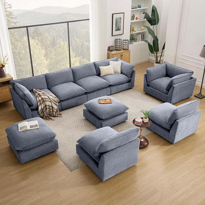Iroomy Modular Sectional Sofa, Oversized Chenille Cloud Couch, Deep Comfy Seat, 6-Seater Sofas Couches for Living Room, Dusty Blue