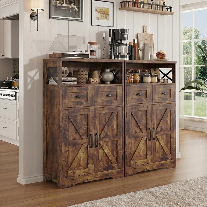 Rustic Brown Farmhouse Storage Cabinet Set of 2, Small Kitchen Pantry Cabinet with Drawers and Adjustable Shelves, Sideboard Buffet Coffee Bar Cabinet for Living Room/Dining Room/Bathroom/Home Office
