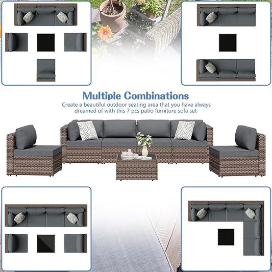 7 Piece Outdoor Patio Furniture Set,Brown PE Rattan Wicker Sectional Sofa, All Weather Conversation Set with Washable Cushions & Glass Coffee Table for Backyard Poolside Garden Porch,Gray