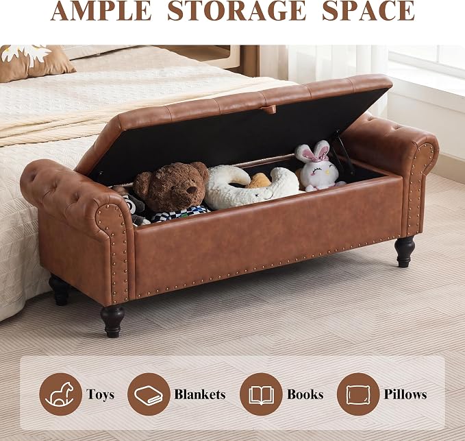 55" Storage Bench for Bedroom, Upholstered Ottoman Bench, Leather Brown | End of Bed Bench for Bedroom, Window Benches for Living Room, Entryway, Ottoman with Large Storage Space, Pet Friendly