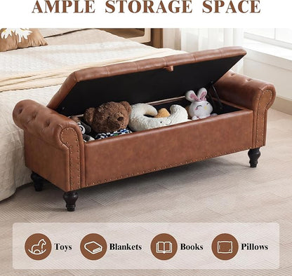 55" Storage Bench for Bedroom, Upholstered Ottoman Bench, Leather Brown | End of Bed Bench for Bedroom, Window Benches for Living Room, Entryway, Ottoman with Large Storage Space, Pet Friendly