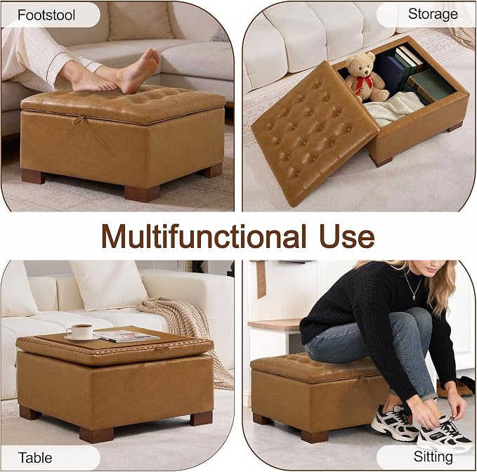 WUTUTUEE 30" Faux Leather Square Storage Ottoman with Wooden Tray, Modern Tufted Button Footstool Coffee Table, Upholstered Large Ottoman for Living Room, Bedroom, Brown