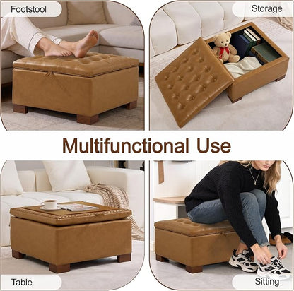 WUTUTUEE 30" Faux Leather Square Storage Ottoman with Wooden Tray, Modern Tufted Button Footstool Coffee Table, Upholstered Large Ottoman for Living Room, Bedroom, Brown