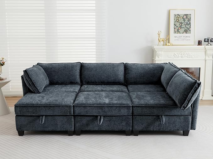 ORRD Sleeper Modular Sectional Sofa Set, Convertible Couch Bed with Storage, 6 Seater and 3 Armrestes Sofa Modular for Living Room, Office (Blue Grey)