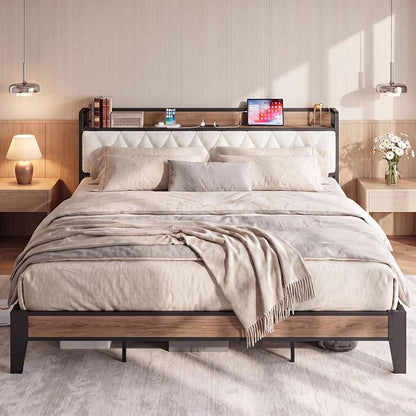 King Size Bed Frame with Headboard & Charging Station, Wood and Cream