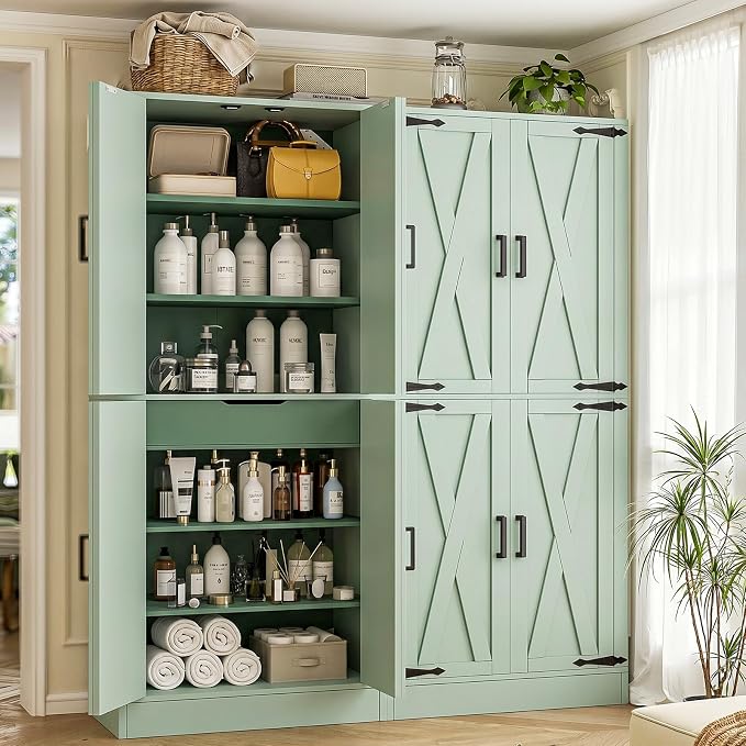 Unikito 71" Pantry Cabinet with Drawer, Farmhouse Barn Doors and Adjustable Shelves, Freestanding Storage Cabinet for Kitchen, Dining Room, Living Room, Utility Room