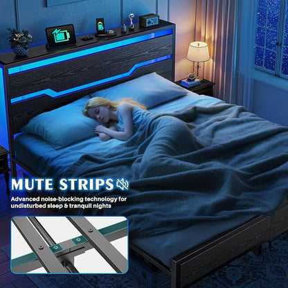 Homkdom Queen Bed Frame with USB Ports & LED Lights, Headboard Shelf, Heavy Duty Metal Platform with 10.24" Underbed Storage, Noise-Free Slats, No Box Spring Needed, Modern Black