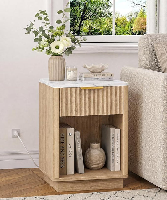 Akxomel Fluted Nightstand, Wooden Night Stand with Charging Station and LED Light, Modern Bedside Table with Drawer and Faux Marble Top, 15" D x 15.7" W x 22.6" H, for Bedroom, Natural Oak and White