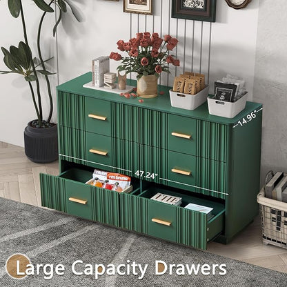 Fluted Double Dresser for Bedroom with 6 Drawers, 47" Wide Modern Chest of Drawers with Curved Profile Design, Wood Closet Clothes Storage Organizer Dresser TV Stand for Living Room, Hallway, Green