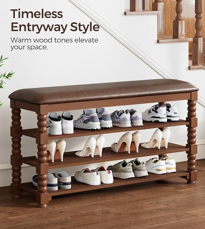 Homleke 3-Tier Solid Wood Shoe Rack Bench with Classic Turned Ball Legs | Tall Entryway Bench with Leather Seat, Holds Up to 12 Pairs, for Hallway, Bedroom and Closet, Walnut, 39.4 Inch