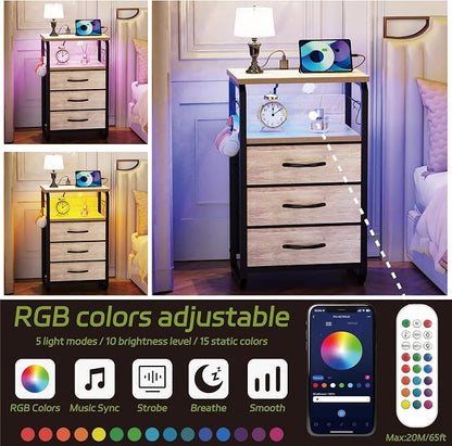 runjuly Night Stand Set 2 with LED Lights, Nightstands with Power Outlets and Type C Port, Large End Tables with 3 Fabric Drawers, Matching Bedside Table with Storage for Bedroom Teen Room, Greige