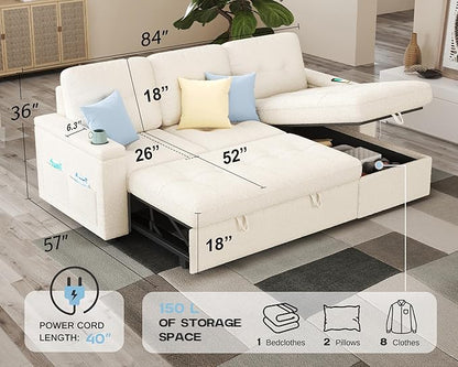 PaPaJet 84 Inch Pull Out Couch, Sleeper Sofa with Storage Chaise, Tufted L Shape Convertible Couch with 2 USB & Cup Holders, Boucle White