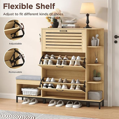Maupvit Narrow Shoe Cabinet with Bench for Entryway, 3 Flip Louvered Doors & Side Storage Cabinet, 44" H Shoes Organizer with Upholstered Seat & Hooks for Front Door Entrance, Natural Oak