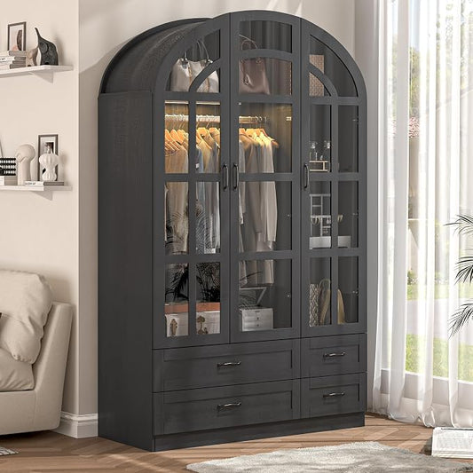 Squireewo 78" Arched Armoire Wardrobe Closet with Motion Sensor LED Light, 3 Windowpane Glass Doors & 4 Drawers, Large Wood Bedroom Storage Cabinet, Clothing Organizer with Hanging Rod, Black