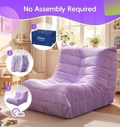 Hobestluk Medium Bean Bag Chair Faux Fur Fabric BeanBag Couch for Playroom | Purple Corduroy,Ergonomic Design,Memory Foam,Strong Supportive,No Assembly Required,DecorativeStyle for Living Room Bedroom