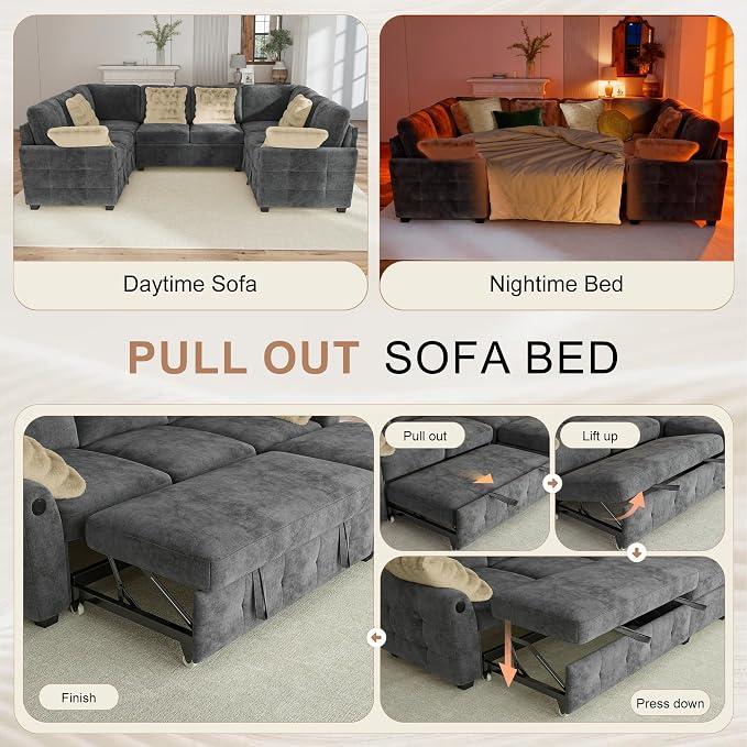 Hanherry Sectional Couch with Pull Out Sofa Bed,Chenille Sleeper Sofa with 2 Seat Storage & USB Charging,Comfy L Shaped Modular Couches for Living Room,Apartment