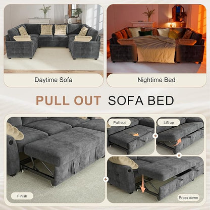 Hanherry Sectional Couch with Pull Out Sofa Bed,Chenille Sleeper Sofa with 2 Seat Storage & USB Charging,Comfy L Shaped Modular Couches for Living Room,Apartment
