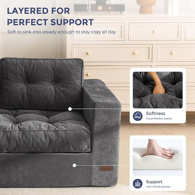 MAXYOYO 3-Seater Boneless Sofa Couch, Tufted Sofa Lounge for Living Room, Comfy Bean Bag Chair High-Density Foam Couch with Pillows, No Assembly Required