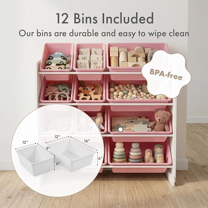 Humble Crew Toy Storage Organizer with 12 Removable Storage Bins for Kids Playroom, 4-Tier Toddler Toy Organization, White/Pink