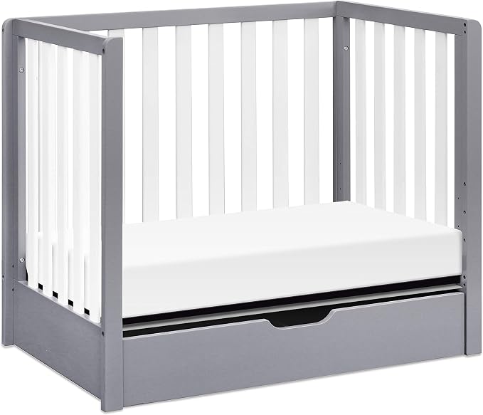 Carter's by DaVinci Colby 4-in-1 Convertible Mini Crib with Trundle Drawer in Grey and White, Greenguard Gold Certified, Undercrib Storage