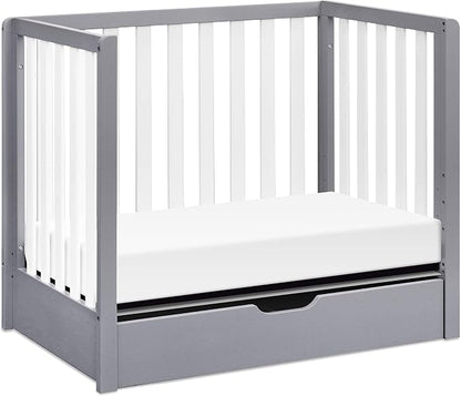 Carter's by DaVinci Colby 4-in-1 Convertible Mini Crib with Trundle Drawer in Grey and White, Greenguard Gold Certified, Undercrib Storage