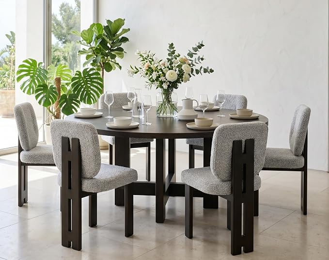 CIMOTA Boucle Dining Chairs Set of 6, Mid-Century Modern Upholstered Accent Chairs with Soft Curved Backrest and Solid Wood Legs for Kitchen, Dining Room, or Living Room, Gray
