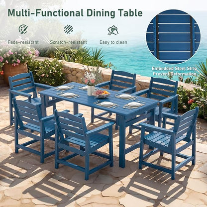 Furnimart Outdoor Dining Table for 4-6 Person, 67" HDPE All-Weather Dining Table with Umbrella Hole, Oversized Patio Dining Set, Outdoor Furniture for Backyard, Garden, Lawn & Poolside, Rectangle Blue
