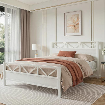 LIKIMIO King Size Bed Frame, Tall Modern Headboard 51.2 ", Platform Bed Frame with Strong Metal Support, Solid and Stable, Noise Free, No Box Spring Needed, Easy Assembly, White