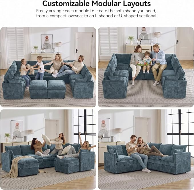 105" Blue Modular Storage Sofa, U Shaped Chenille Couch with 2 Ottomans | Oversized Convertible Sectional Sofa, 6-Seat Sectional Couch With 2 Ottomans, Large Cloud Couch For Living Room, Apartment.