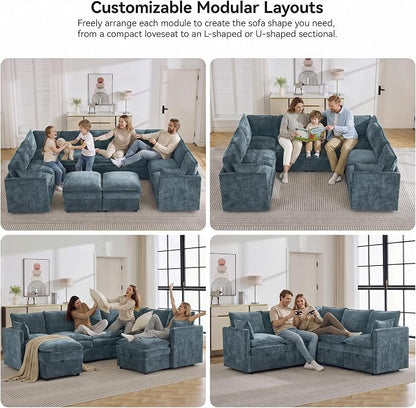 105" Blue Oversized Modular Storage Sofa, U Shaped Chenille Cloud Couch | Oversized Convertible Sectional Sofa, 8-Seat Sectional Couch With Armrests, Large Cloud Couch For Living Room, Apartment.