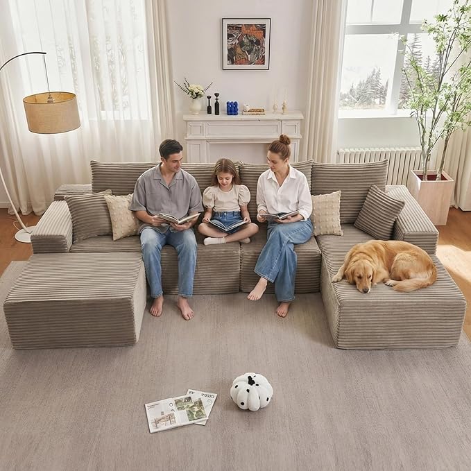 135" Modular Sectional Sofa with U Shaped Chaise, Upholstered Couches for Living Room with Deep Seat, No Assembly Required, Corduroy Cloud Couches, Camel(Right-Facing Chaise