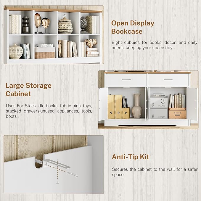 TEENFON Storage Cabinet with Doors and Drawers, Pantry Cabinets, 5 Tier Floor Standing Bookshelves, Bookshelf and Bookcase, 8 Open Storage Shelves and Printer Stand for Study, Living Room, Office