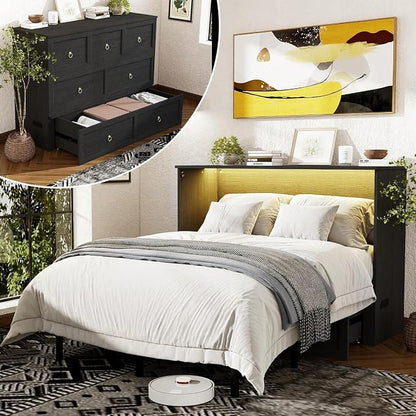 Ihanherry Farmhouse Queen Murphy Bed with Storage Drawer,Cabinet Bed with LED Lights & Charging Station, Space Saving Wall Bed for Small Bedroom/Home Office, Noise Free & Easy Assembly, Black