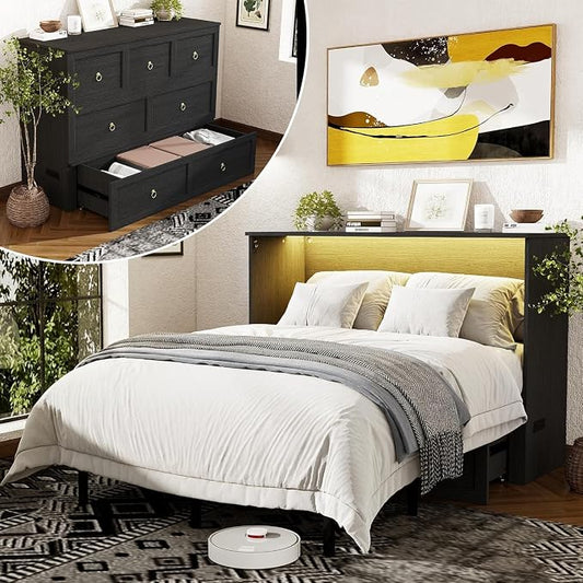 Ihanherry Farmhouse Queen Murphy Bed with Storage Drawer,Cabinet Bed with LED Lights & Charging Station, Space Saving Wall Bed for Small Bedroom/Home Office, Noise Free & Easy Assembly, Black