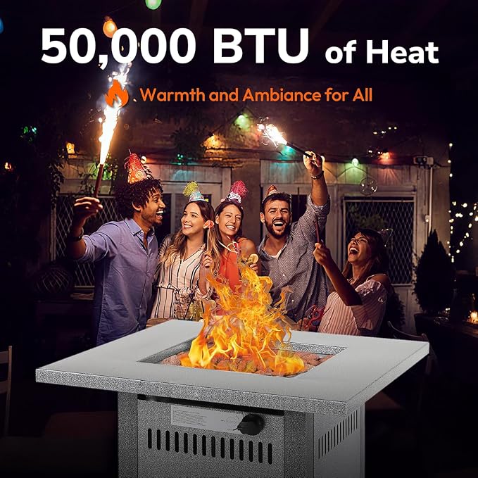 Hexago 28 Inch Propane Fire Pit Table, Gas Square Outdoor Fire Table Dinning with Lid, Lava Stone, 50000BTU, ETL Certification, for Outside Garden Backyard Deck Patio, Silver