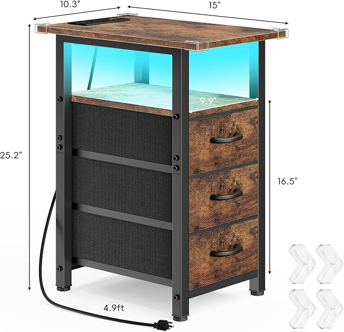 Vagusicc Set of 2 Nightstand with Charging Station and LED Lights, Narrow End Table, LED Nightstand with 3 Fabric Drawers for Bedroom, Narrow Side Table, Slim Sofa Side Table for Small Spaces, Brown