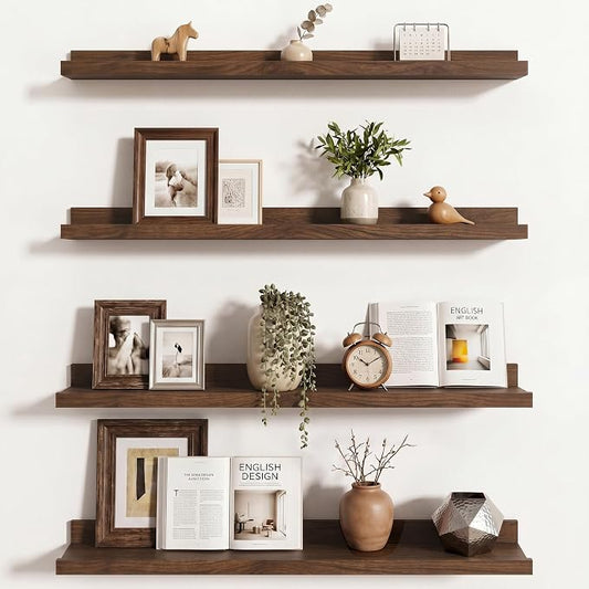 Axeman 30 Inch Floating Shelves | Walnut Picture Ledge Shelf Set of 4 | Rustic Wood Wall Shelves with Lip | 30" Walnut Picture Shelf for Wall with Ledge | Photo Shelves