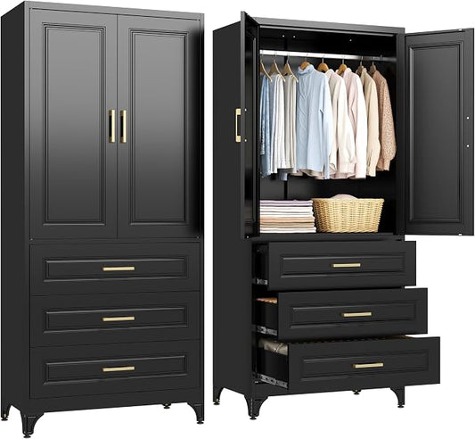 SteeLoong 71" Metal Armoire Wardrobe Closet with 3 Drawer，Tall Clothing Storage Cabinet with Adjustable Shelves and Hanging Rod,Black Wardrobe Closet for Bedroom,Home,Office,Gym