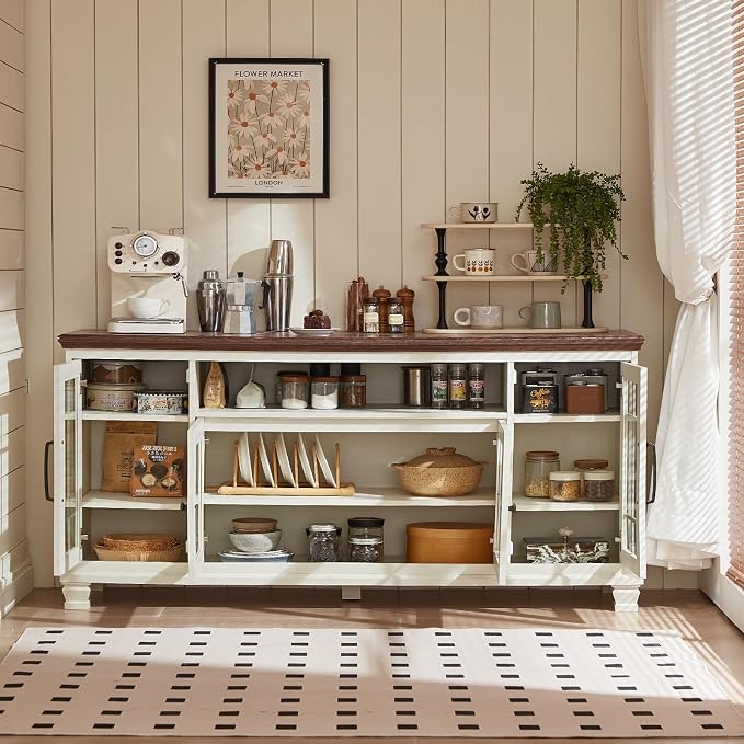 SAVOR LIFE Large Sideboard Buffet Cabinet with Storage,Vintage White Farmhouse 60" Wide Sideboard Cabinets with Glass Doors & Wood Legs,Kitchen Coffee Bar Credenza for Dining Room, Living Room
