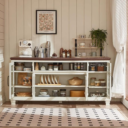 SAVOR LIFE Large Sideboard Buffet Cabinet with Storage,Vintage White Farmhouse 60" Wide Sideboard Cabinets with Glass Doors & Wood Legs,Kitchen Coffee Bar Credenza for Dining Room, Living Room