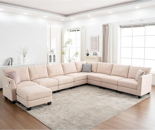 150.4" Large Sectional Couches for Living Room, 8 Seater L Shaped Modular Sectional Sofa with Storage Ottoman & USB, Oversized Corner Couch for Living Room（Beige）