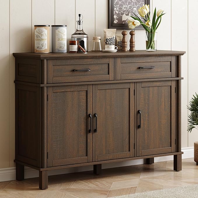ONBRILL 48 Inch Buffet Cabinet with Storage, Farmhouse Sideboard Buffet w/2 Drawers and 3 Doors, Wood Coffee Bar Cabinet with Adjustable Shelves, Sideboard Storage for Kitchen, Living Room, Brown